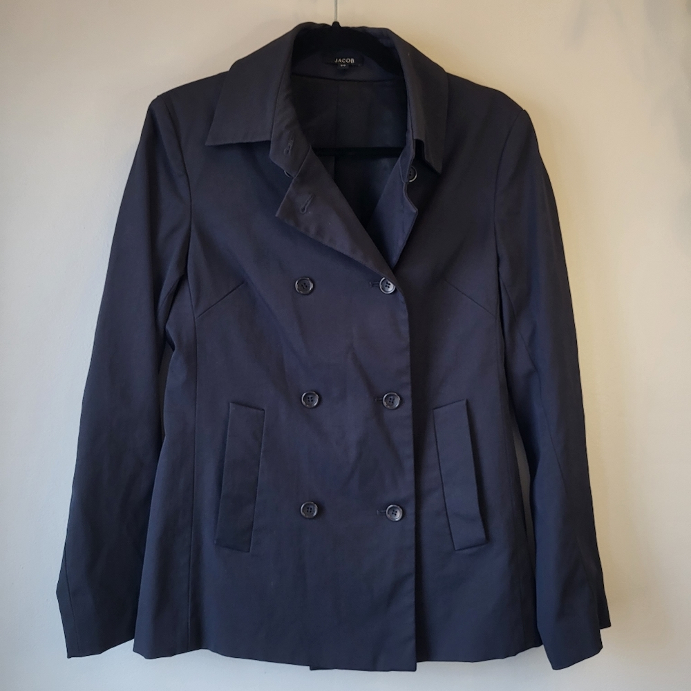 Jacob Navy Blue Double Breasted Nylon Feminine Classic Effortless Pea Coat